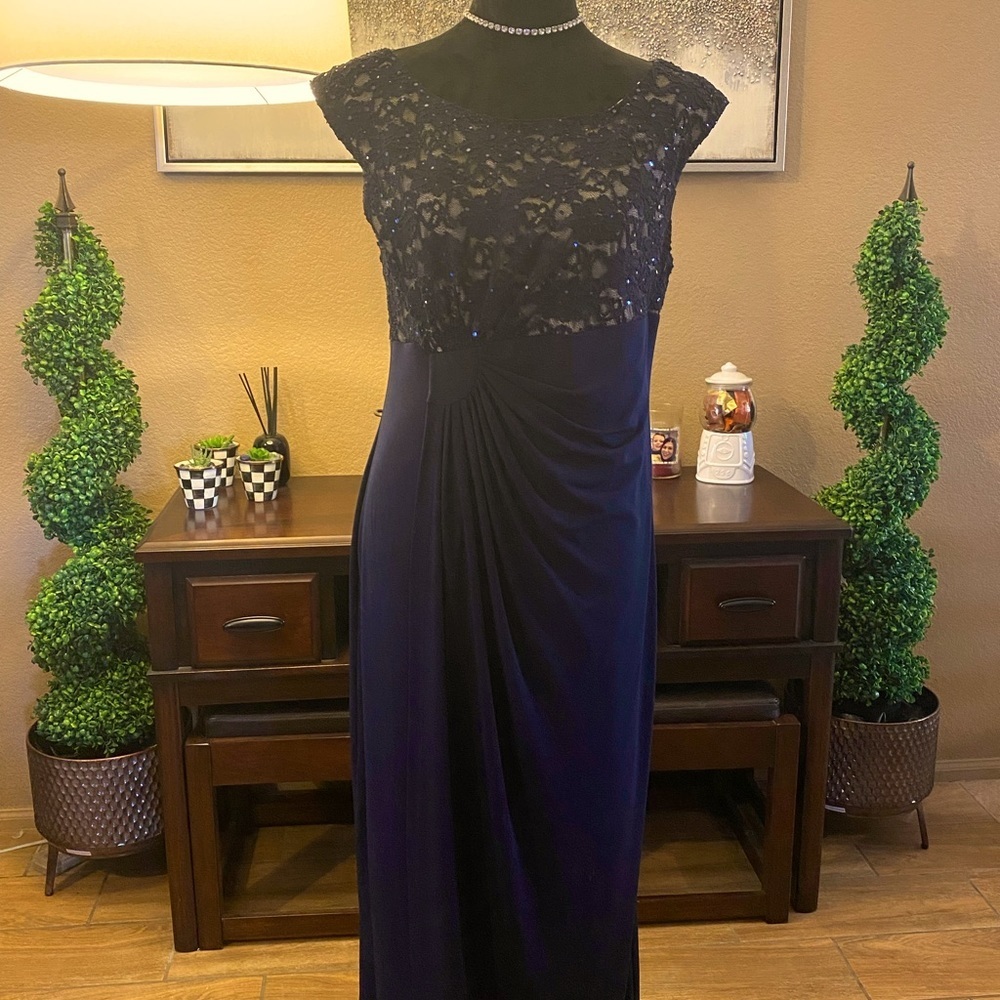 Connected Apparel Navy Lace Bodice Maxi Dress
